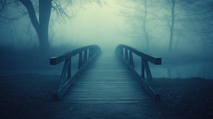 Wall Mural - Wooden Bridge Leading Through Foggy Winter Forest