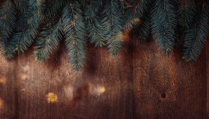 Poster - rustic wooden background with evergreen pine branches and golden bokeh lights for festive decor or holiday graphic design

