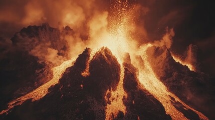 Wall Mural - Molten Lava Erupts From Volcanic Crater During Night