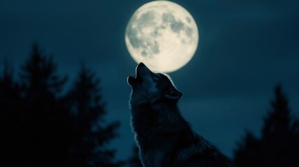 Wall Mural - Lone Wolf Howling at Night Underneath the Full Moon