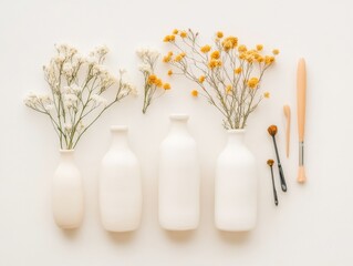 Poster - Minimalist Flat-Lay Pastel Clay Vases and Dried Flowers on Neutral Background