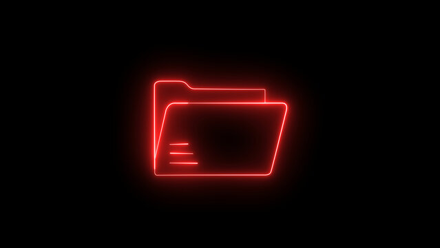Glowing red neon file folder sign. Neon Folder icon isolated on black background.	