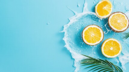 Wall Mural - Fresh citrus splash with palm leaf on blue background