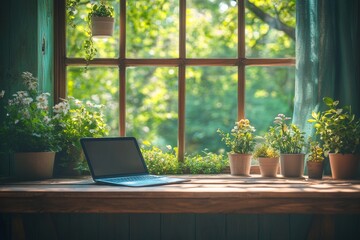 Aufkleber - Sunlit Home Workspace with Laptop and Garden View