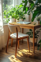 Aufkleber - Sunlit Home Office with Ergonomic Wooden Furniture and Lush Indoor Plants