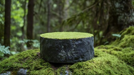 Poster - Mossy stone pedestal in a lush forest.