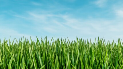 Vibrant Green Grass Under Blue Sky: A breathtaking image of lush, vibrant green grass extending to a clear blue sky, evoking feelings of freshness, growth, and serenity.