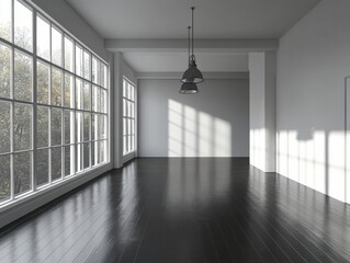 A large room with a black floor and white walls