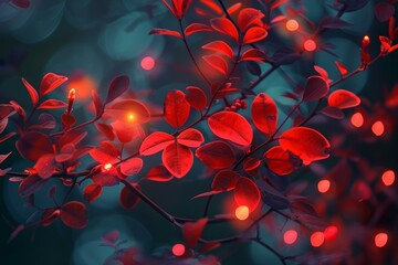 Poster - Close up of red leaves glowing in the dark night, creating a magical and festive atmosphere with bokeh effect