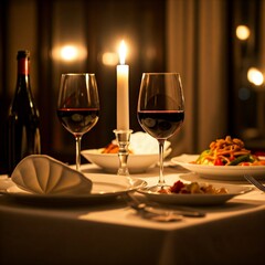  A romantic candlelit dinner setting with two glasses of red wine, a bottle of wine, and a plate of appetizers on a table 