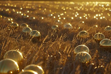 Poster - Golden spheres reflecting warm sunlight in a field of dry grass create a magical atmosphere