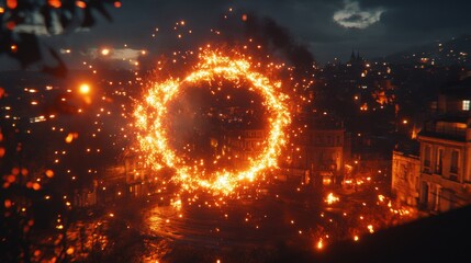 Wall Mural - Fiery Circle of Light Over Urban Landscape at Dusk