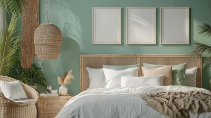 Wall Mural - Cozy and Serene Bedroom Design with Natural Elements and Green Wall