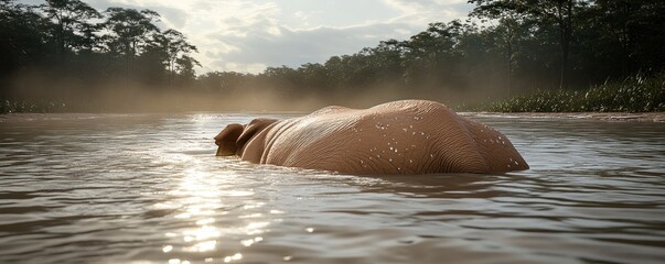 Wall Mural - Majestic Elephant Swimming Gracefully in a Tranquil River During a Beautiful Sunset