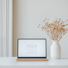 Fototapete - Minimalist Workspace with Laptop Displaying E-Governance Portal in Soft Natural Lighting