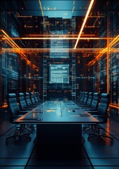 Poster - Futuristic Meeting Room with Holographic Display in Cyberpunk Style