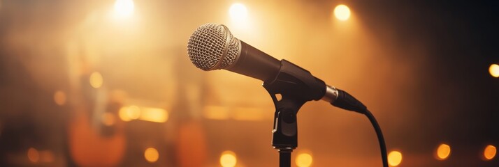 Poster - Microphone stands on stage, ready for a singer or comedian to perform, with blurred lights and smoky atmosphere creating a dramatic backdrop