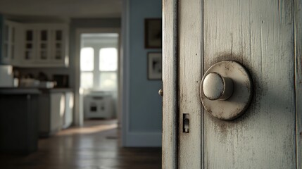 Wall Mural - Rustic Door Handle in Sunlit Kitchen - A Cozy Home Interior Scene