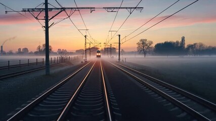 Poster - Train Approaches on Misty Tracks at Sunset, Showcasing Serene Landscape with Trees, Fog, and Tranquil Fields in Beautiful Transportation Scene.