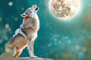 wolf howls at a deep blue moon above a terracotta horizon surrounded by soft green mist during a tra