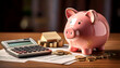 © SolaruS - Close-up of a pink piggy bank, calculator, coins, and financial documents on a wooden desk.  Perfect for illustrating saving, finance, homeownership, budgeting, or investment concepts.