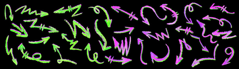 Poster - neon green arrows set. wax crayon drawing grafitti elements in acid pink color. collection of vector