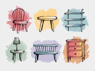 Canvas Print - Colorful Hand Drawn Illustrations Of Various Furniture Items