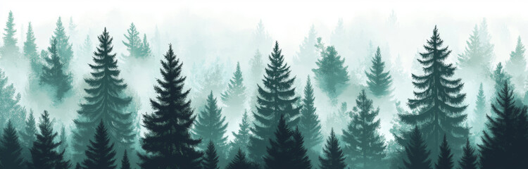 Wall Mural - seamless natural panoramic background, misty landscape with fir forest, hipster vintage retro style