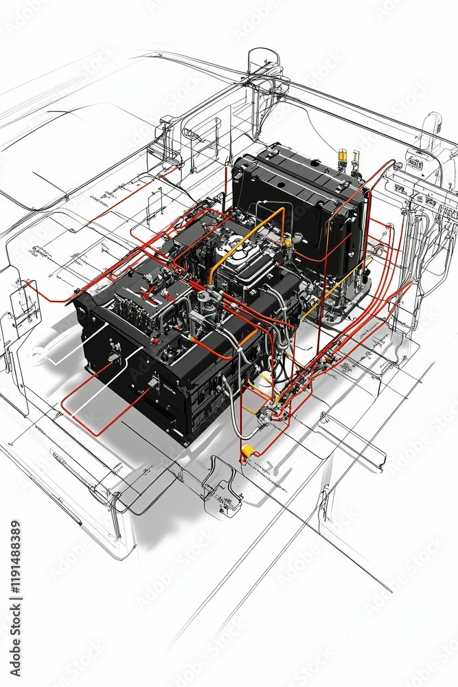 Engine schematic with wiring and system diagrams. Stock Illustration ...