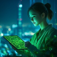 Poster - Korean Woman Analyzing Eco-Energy Data on Tablet with Scenic City Skyline at Night