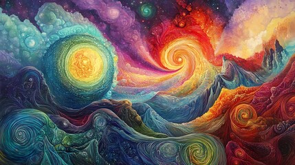 abstract depiction of cosmic phenomena with vibrant energy fields and swirling galaxies