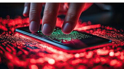 Fototapete - Fingertip Interacting With Digital Data On Mobile Device