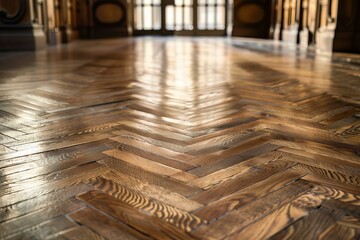 Poster - Sunlight reflecting on a polished herringbone parquet floor creates a warm and inviting atmosphere in an elegant interior
