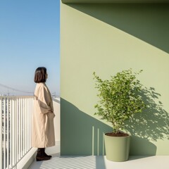 Aufkleber - Minimalist Urban Balcony with Green Accent and Modern Garden Elements in Morning Light