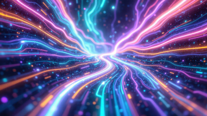 Wall Mural - Vibrant, digital, cosmic-like abstract background with streaks of light in a spectrum of colors.