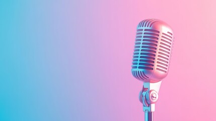 Poster - Vintage microphone stands on a gradient blue and pink background, evoking the atmosphere of singing, recording studios, and open mic comedy or musical performances