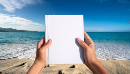 People hands holding a white book mock-up with copy space in front of a beautiful beach