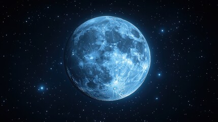 blue full moon in a starry night sky.