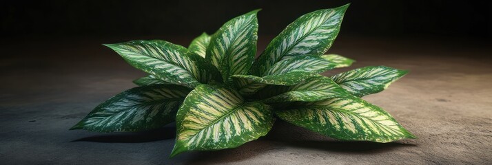 Wall Mural - Lush Green Plant with Variegated Leaves on Textured Background in Dim Lighting.