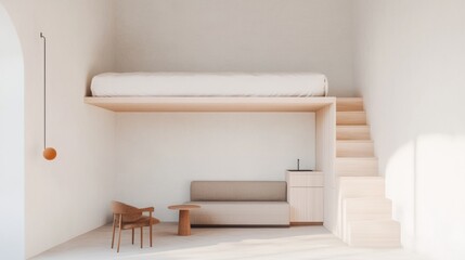 Poster - Modern Microliving Minimalist Loft Apartment with Cozy Seating and Soft Lighting
