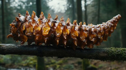 Poster - Resinated Pine Cone Rests On Mossy Branch In Forest