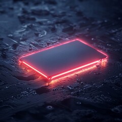 Poster - Neon-Lit Gaming Graphics Card on Circuit Board in Dark Ambient Lighting