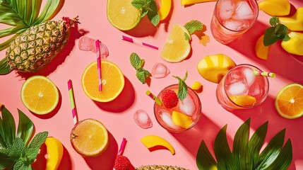 Poster - Tropical Fruit Drinks With Ice And Mint Garnish