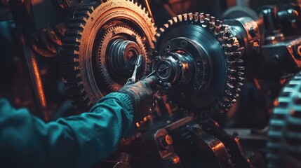 Poster - Industrial Worker Repairing Large Gears Machinery