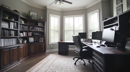 Poster - Elegant Home Office With Built In Bookcases And Desk