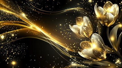 Wall Mural - Golden flowers, glowing waves, dark background, celebratory design