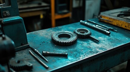 Poster - Metal Gears and Tools Rest on a Workshop Table