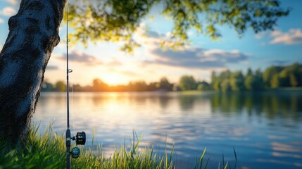 Poster - Fishing rod rests near tranquil lake at sunset