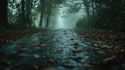 Poster - Misty Forest Path Autumn Leaves Wet Road