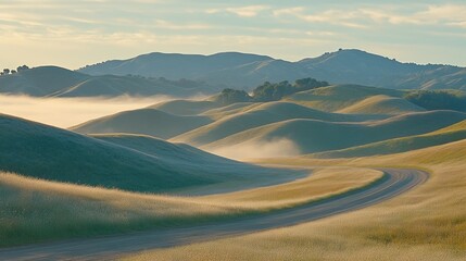 Sticker - Rolling Hills Sunrise Mist Morning Road Landscape